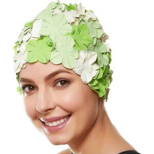 Beemo Floral Petal Ladies Bathing Swim Cap Women Long/Short Hair- Green/White